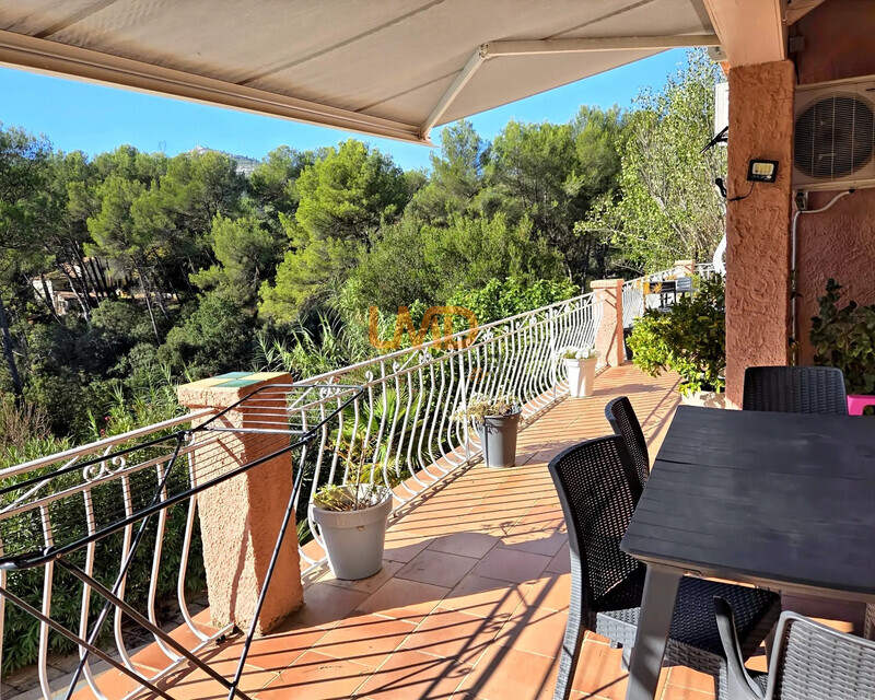 Propriété avec piscine et espace boisé - Grand espace repas sur terrasse
